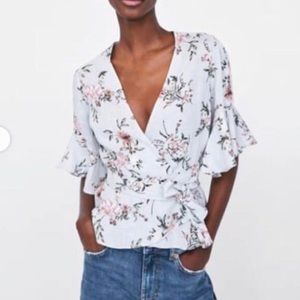 ZARA Floral Linen Wrap Top
